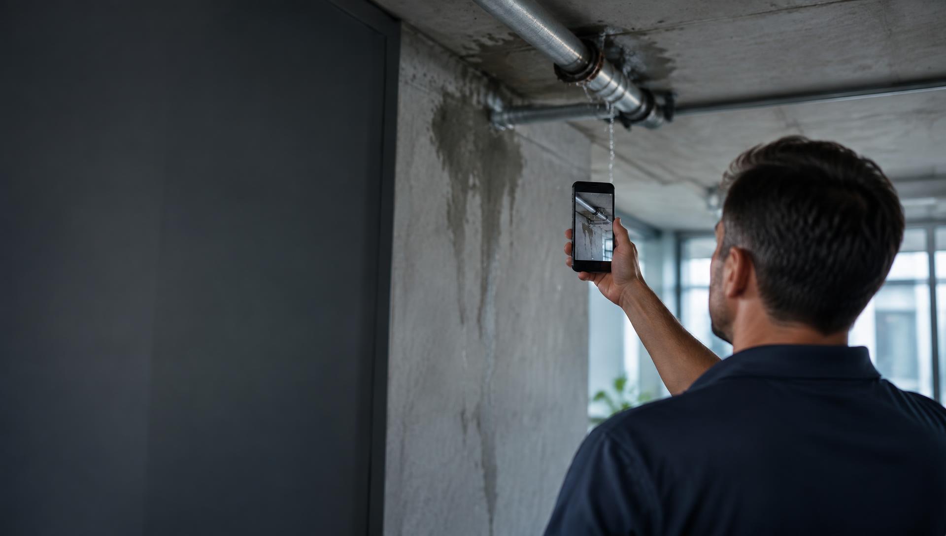 A maintenance engineer photographing a leaking pipe on a smartphone inside a commercial building